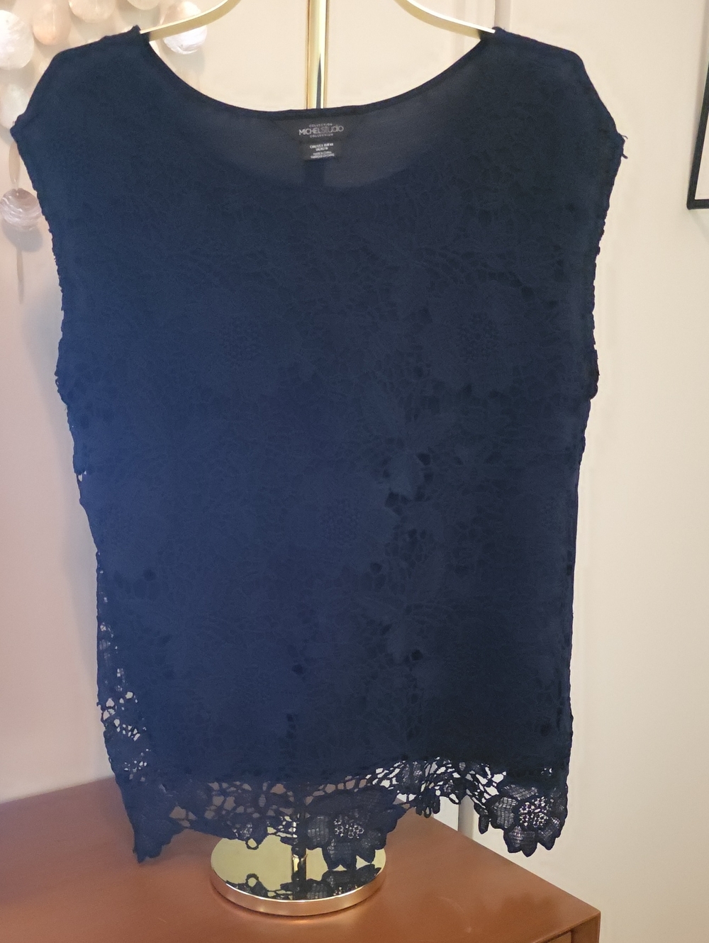 Michel Studio Navy Floral Lace Cap-Sleeve Blouse